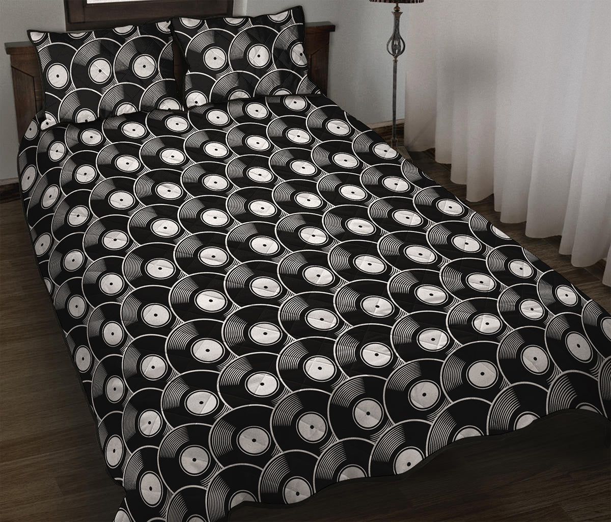 Black Vinyl Record Pattern Print Quilt Bed Set