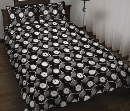 Black Vinyl Record Pattern Print Quilt Bed Set