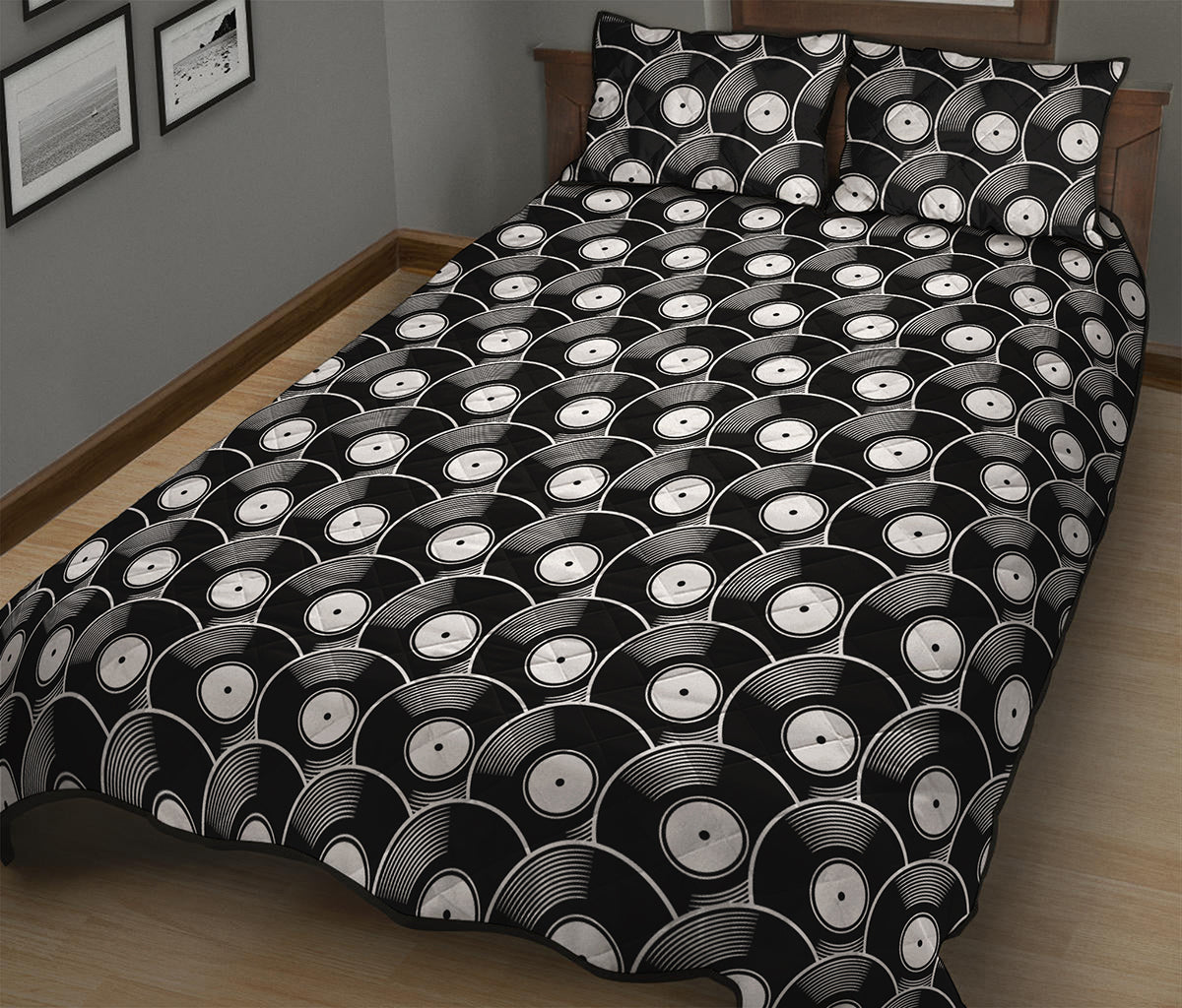 Black Vinyl Record Pattern Print Quilt Bed Set