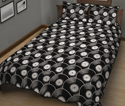 Black Vinyl Record Pattern Print Quilt Bed Set