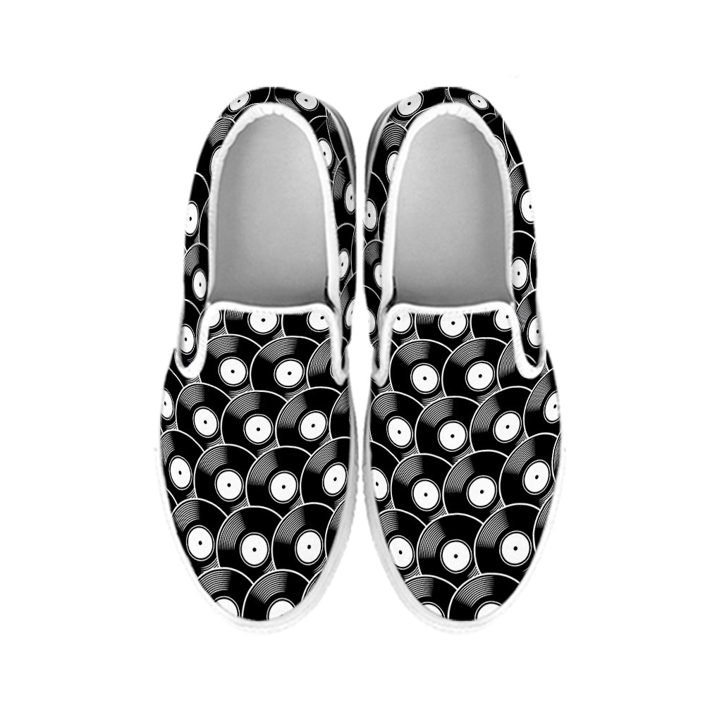 Black Vinyl Record Pattern Print White Slip On Shoes
