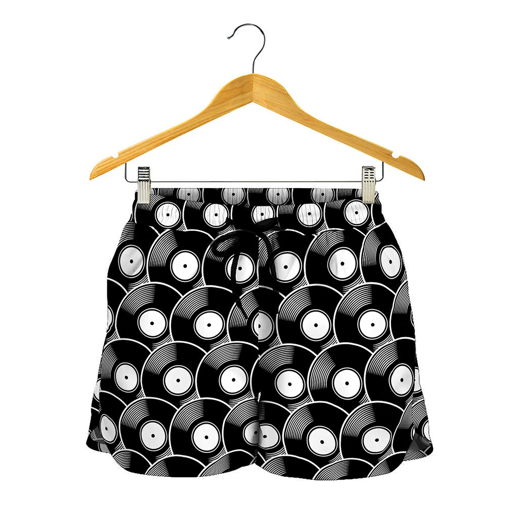 Black Vinyl Record Pattern Print Women's Shorts