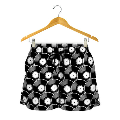 Black Vinyl Record Pattern Print Women's Shorts
