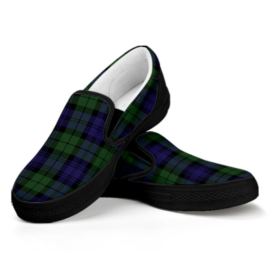 Black Watch Tartan Pattern Print Black Slip On Shoes