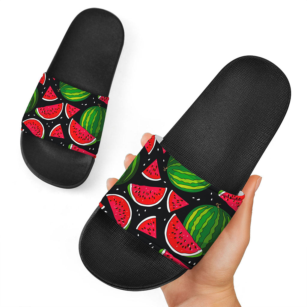 Black Watermelon Pieces Pattern Print Black Slide Sandals