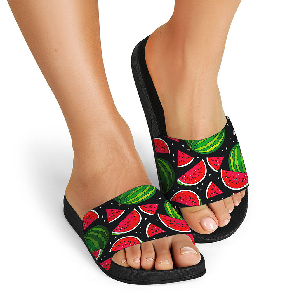 Black Watermelon Pieces Pattern Print Black Slide Sandals