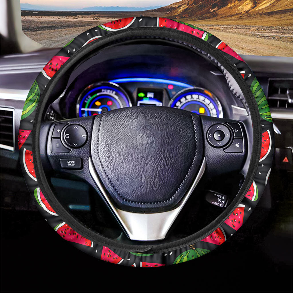 Black Watermelon Pieces Pattern Print Car Steering Wheel Cover