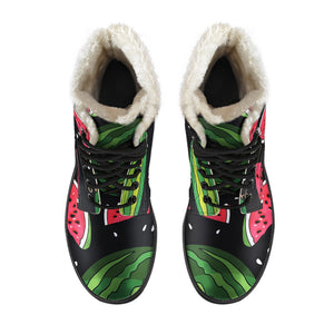 Black Watermelon Pieces Pattern Print Comfy Boots GearFrost