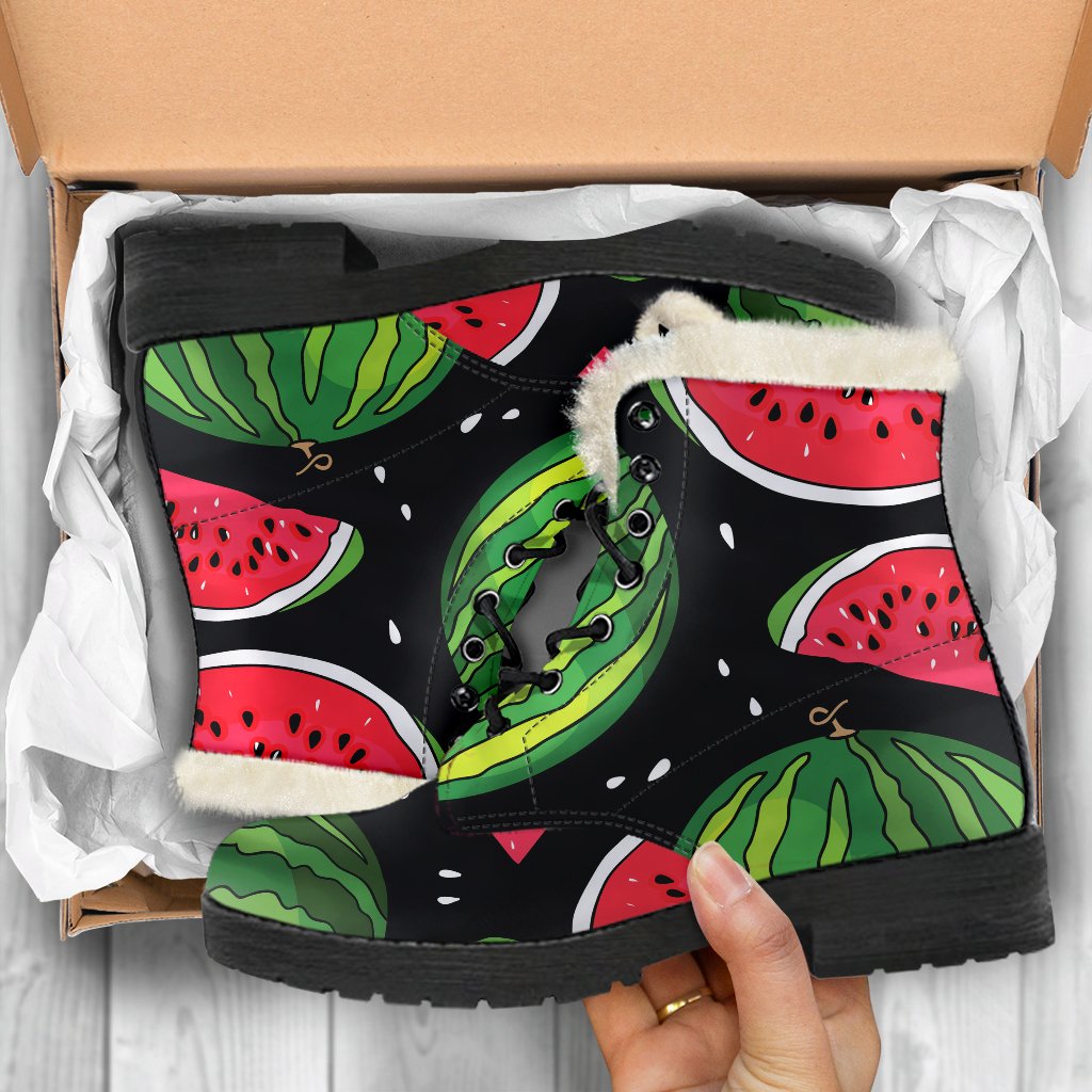 Black Watermelon Pieces Pattern Print Comfy Boots GearFrost