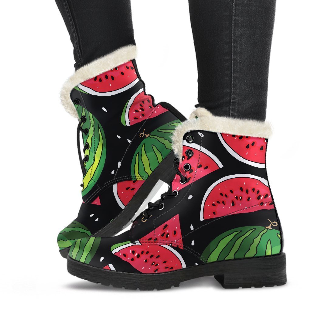 Black Watermelon Pieces Pattern Print Comfy Boots GearFrost