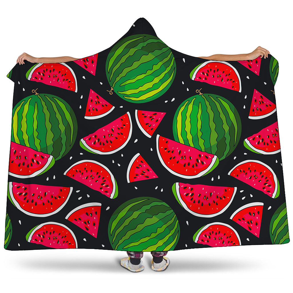 Black Watermelon Pieces Pattern Print Hooded Blanket