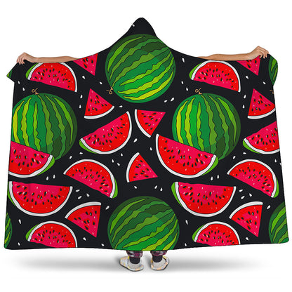 Black Watermelon Pieces Pattern Print Hooded Blanket