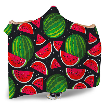 Black Watermelon Pieces Pattern Print Hooded Blanket