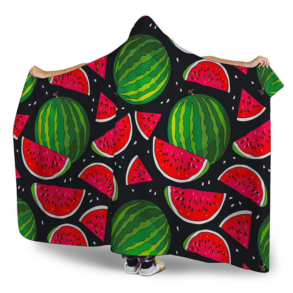 Black Watermelon Pieces Pattern Print Hooded Blanket