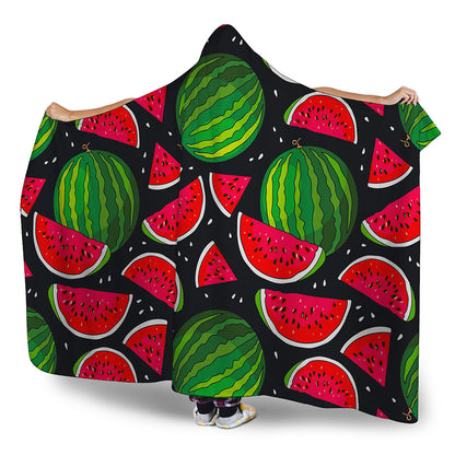 Black Watermelon Pieces Pattern Print Hooded Blanket