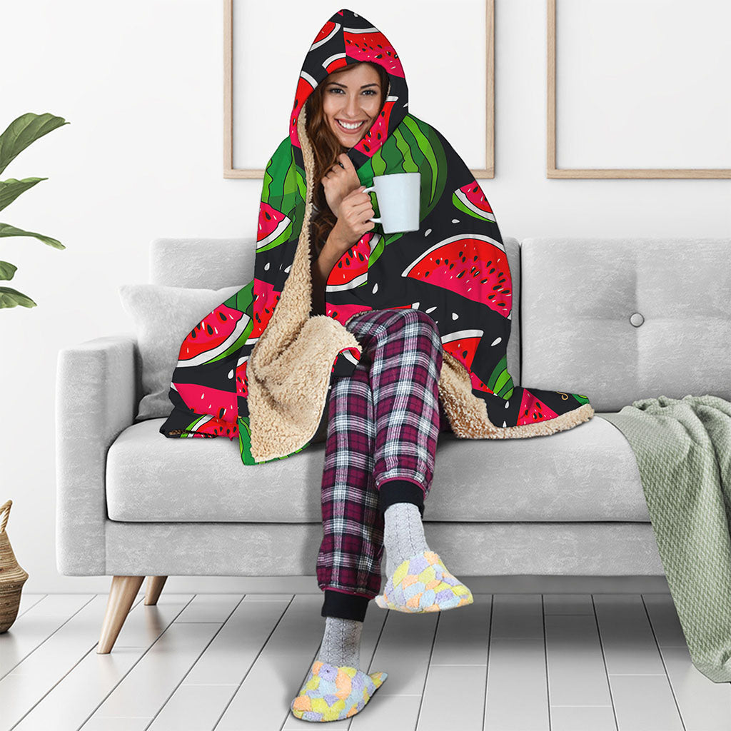 Black Watermelon Pieces Pattern Print Hooded Blanket