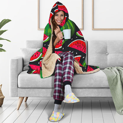 Black Watermelon Pieces Pattern Print Hooded Blanket