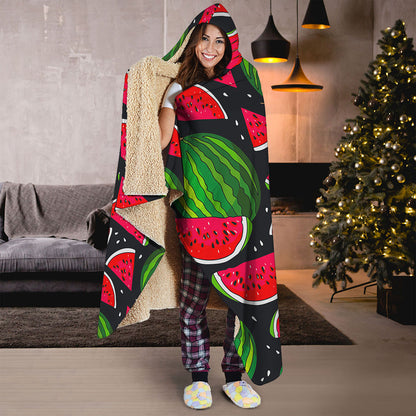 Black Watermelon Pieces Pattern Print Hooded Blanket