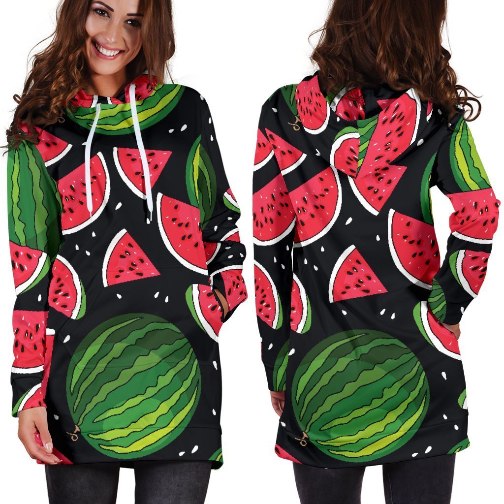 Black Watermelon Pieces Pattern Print Hoodie Dress GearFrost