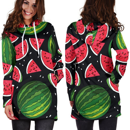 Black Watermelon Pieces Pattern Print Hoodie Dress GearFrost