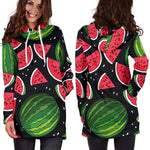 Black Watermelon Pieces Pattern Print Hoodie Dress GearFrost