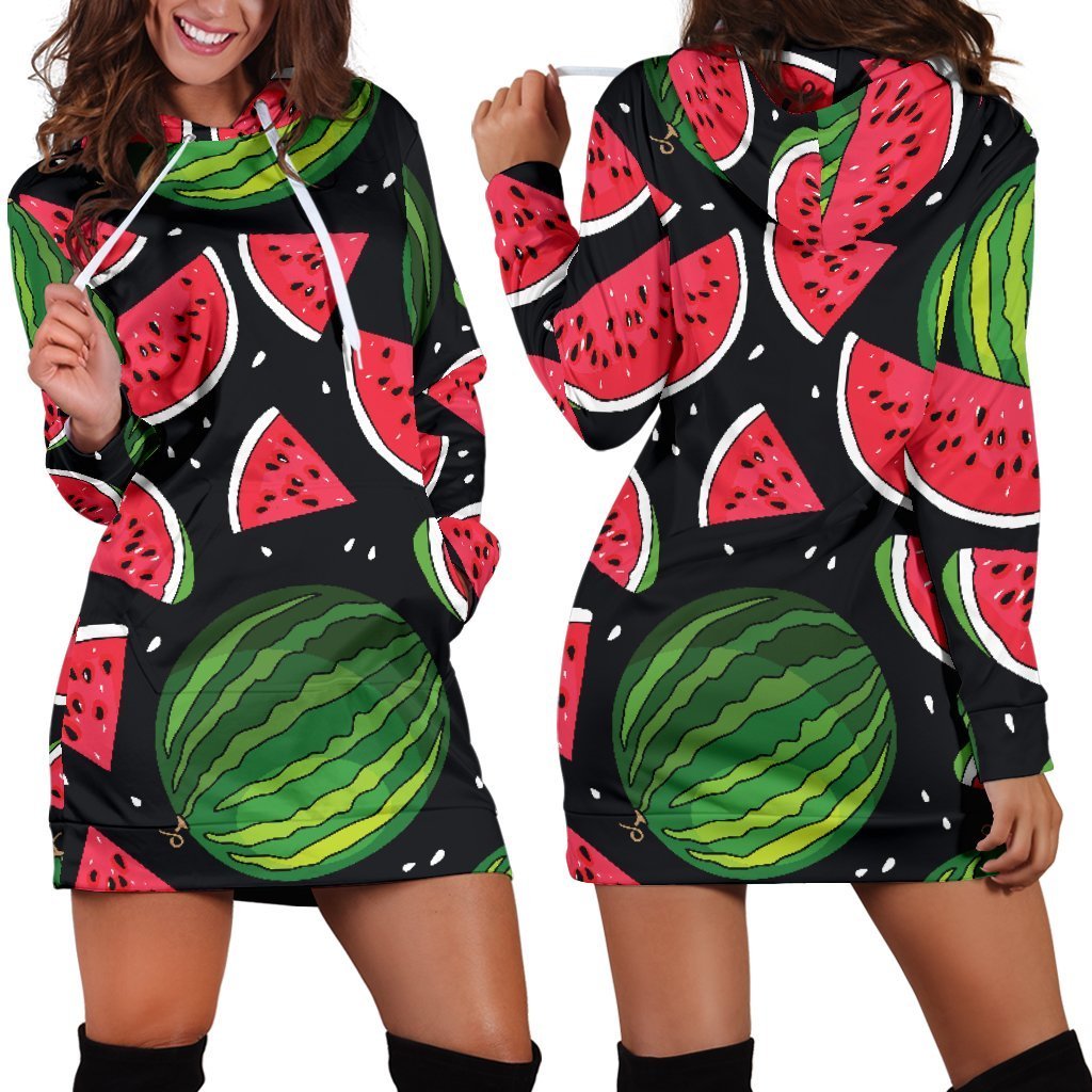 Black Watermelon Pieces Pattern Print Hoodie Dress GearFrost