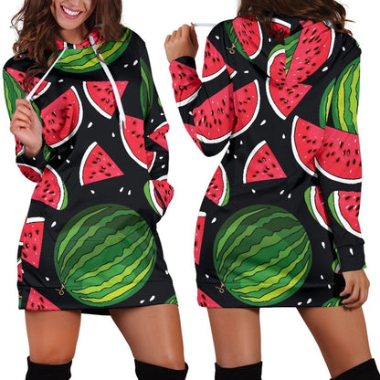 Black Watermelon Pieces Pattern Print Hoodie Dress GearFrost