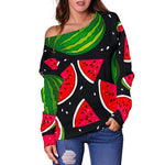 Black Watermelon Pieces Pattern Print Off Shoulder Sweatshirt GearFrost