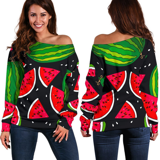 Black Watermelon Pieces Pattern Print Off Shoulder Sweatshirt GearFrost