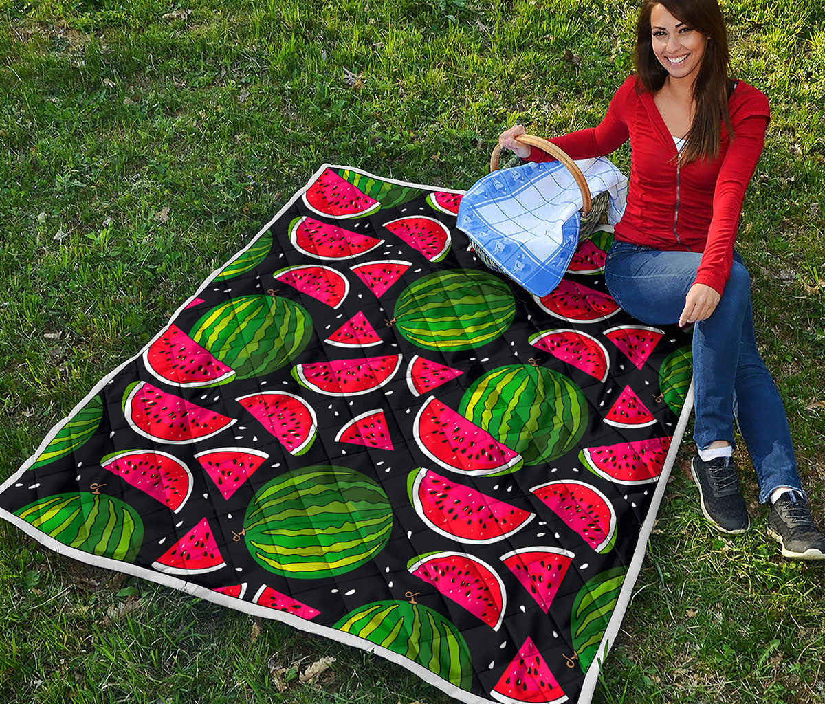 Black Watermelon Pieces Pattern Print Quilt