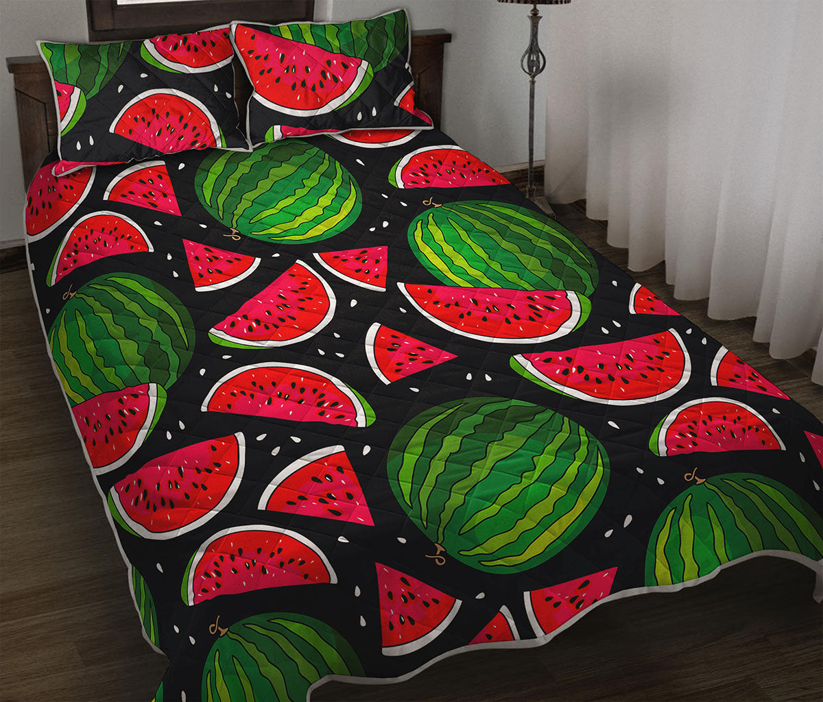 Black Watermelon Pieces Pattern Print Quilt Bed Set