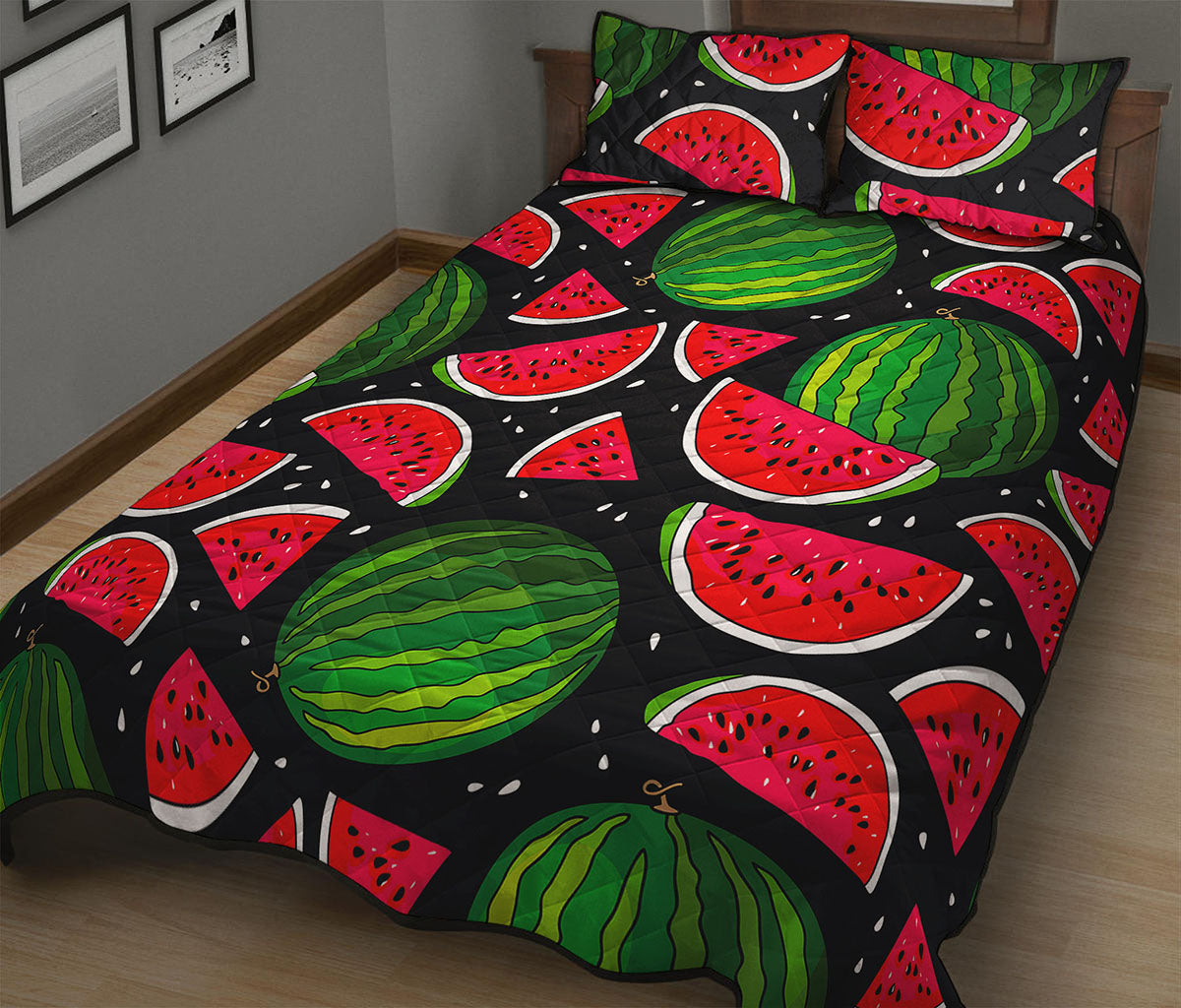 Black Watermelon Pieces Pattern Print Quilt Bed Set