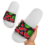 Black Watermelon Pieces Pattern Print White Slide Sandals