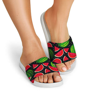 Black Watermelon Pieces Pattern Print White Slide Sandals