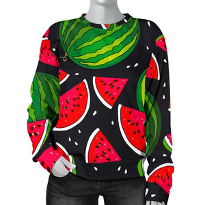 Black Watermelon Pieces Pattern Print Women's Crewneck Sweatshirt GearFrost