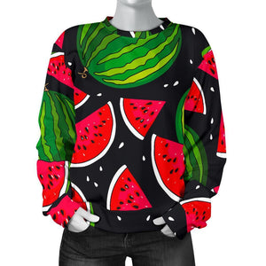 Black Watermelon Pieces Pattern Print Women's Crewneck Sweatshirt GearFrost