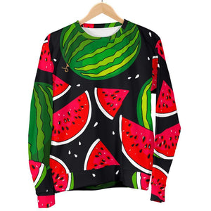 Black Watermelon Pieces Pattern Print Women's Crewneck Sweatshirt GearFrost