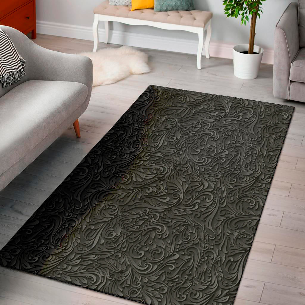 Black Western Damask Floral Print Area Rug