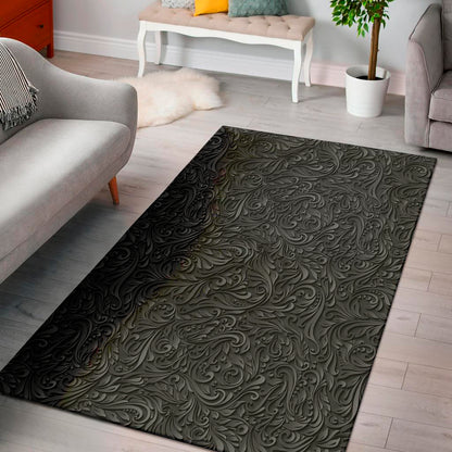 Black Western Damask Floral Print Area Rug