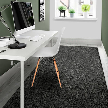Black Western Damask Floral Print Area Rug