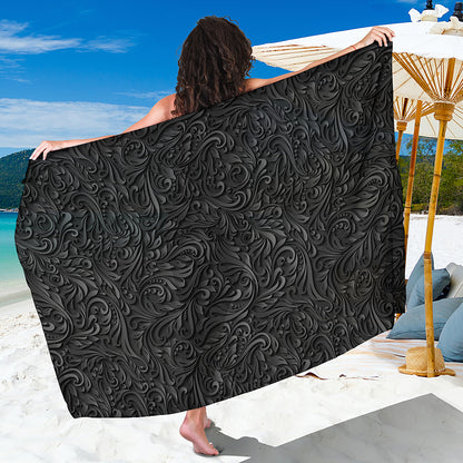 Black Western Damask Floral Print Beach Sarong Wrap