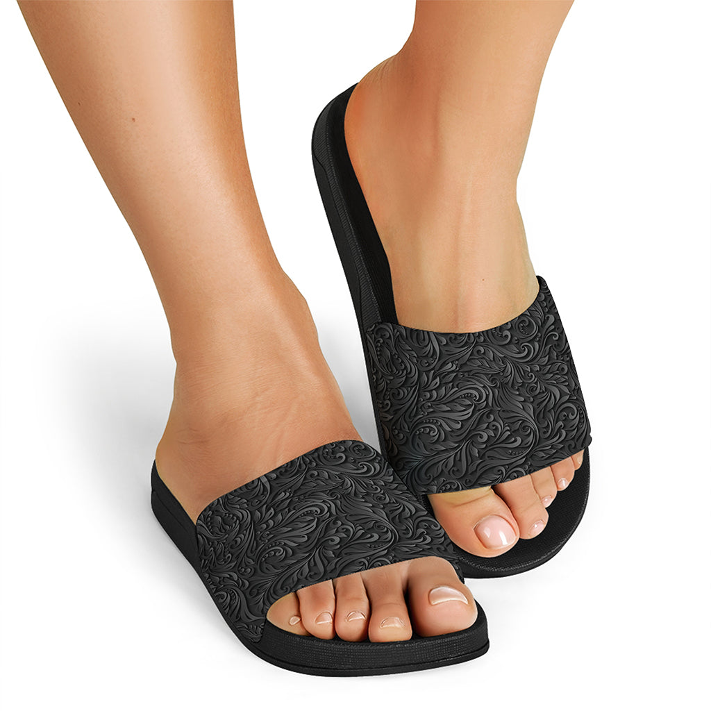 Black Western Damask Floral Print Black Slide Sandals