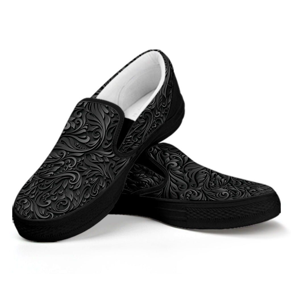 Black Western Damask Floral Print Black Slip On Shoes