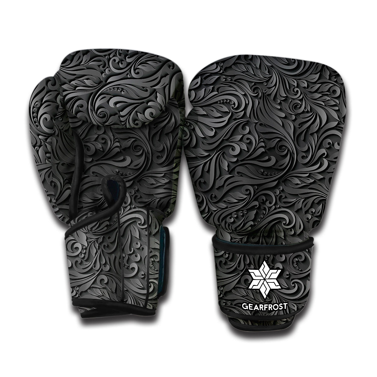 Black Western Damask Floral Print Boxing Gloves