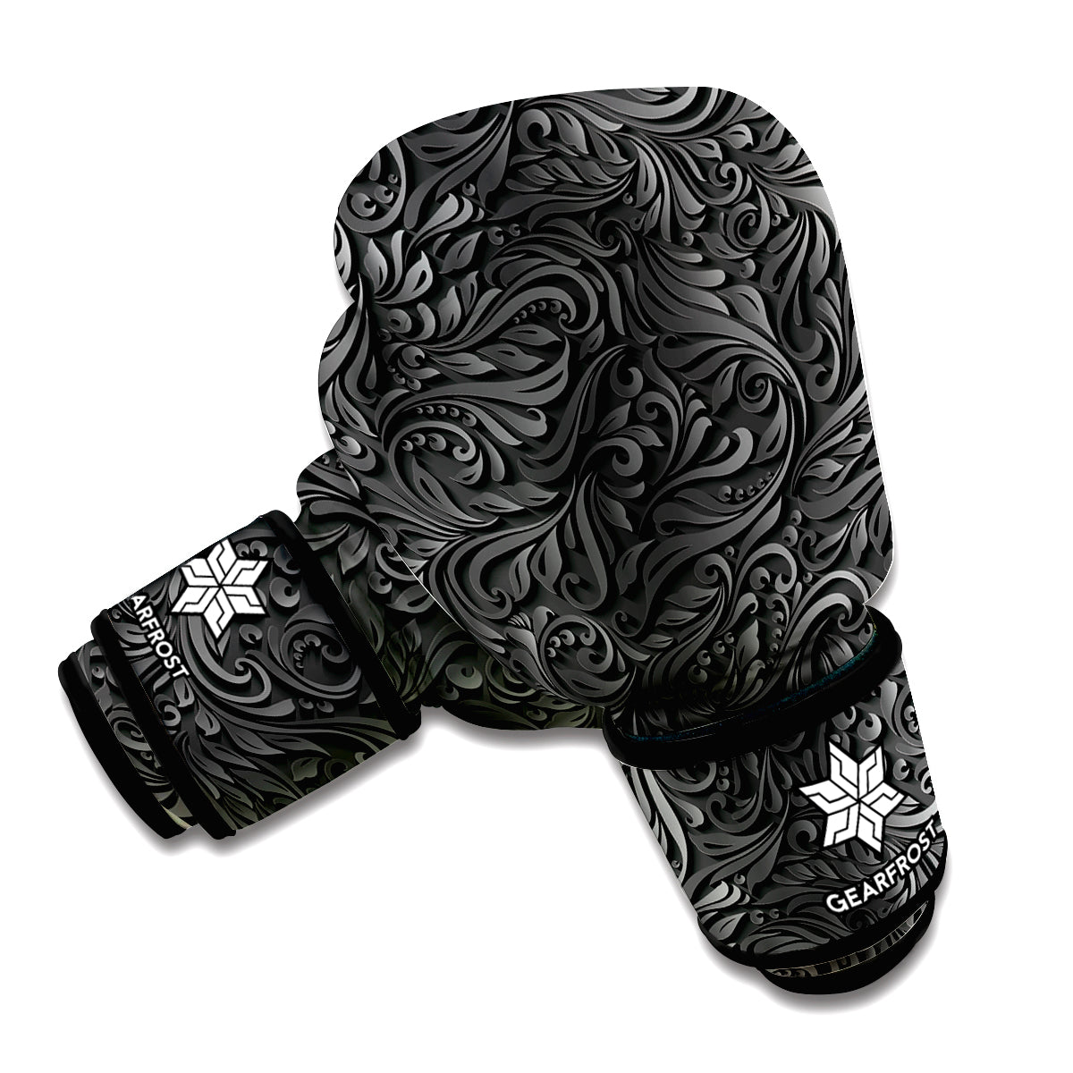 Black Western Damask Floral Print Boxing Gloves