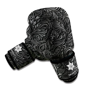 Black Western Damask Floral Print Boxing Gloves