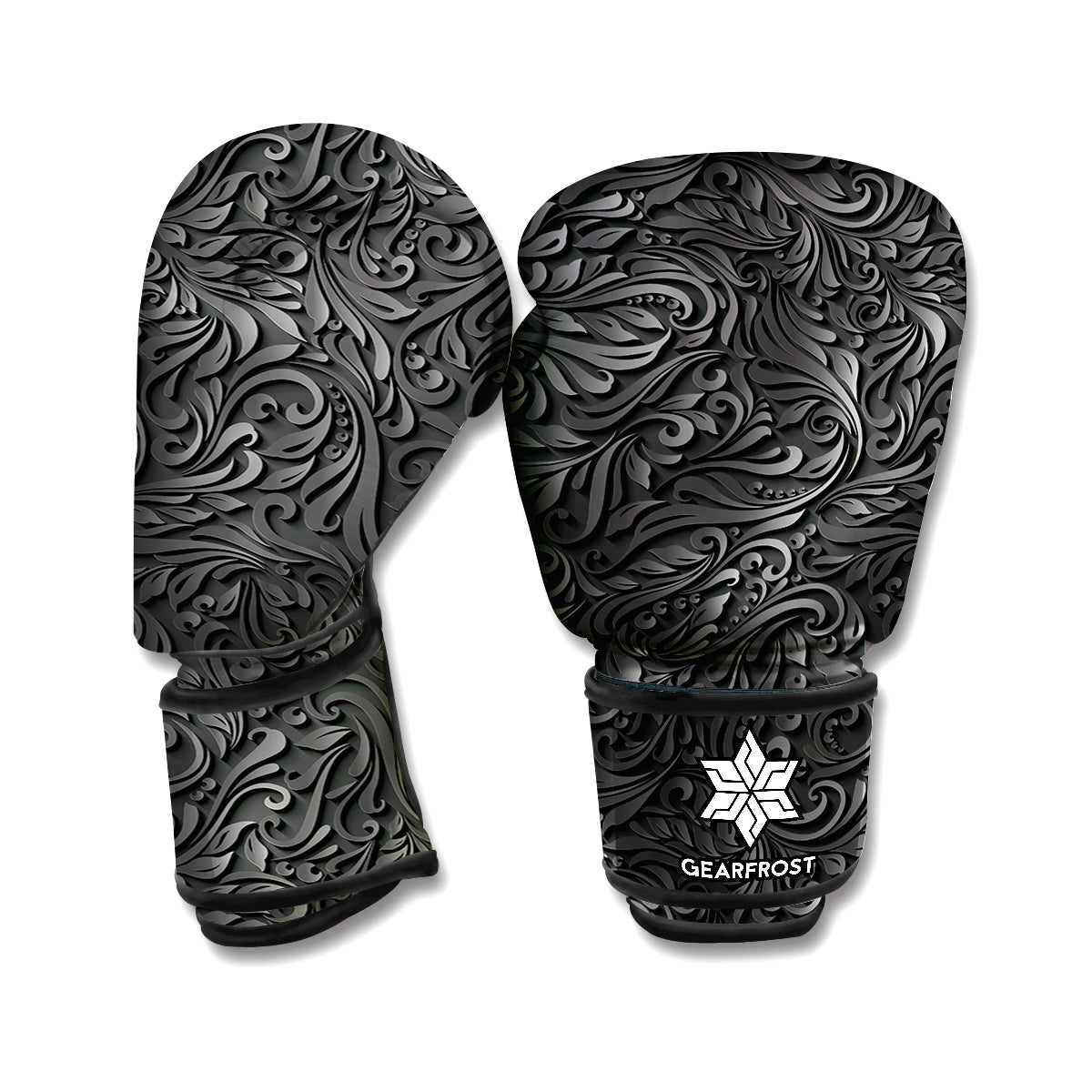 Black Western Damask Floral Print Boxing Gloves