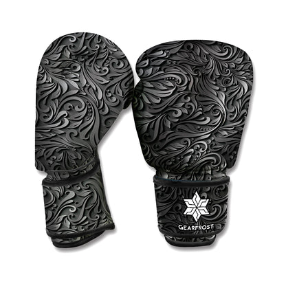 Black Western Damask Floral Print Boxing Gloves
