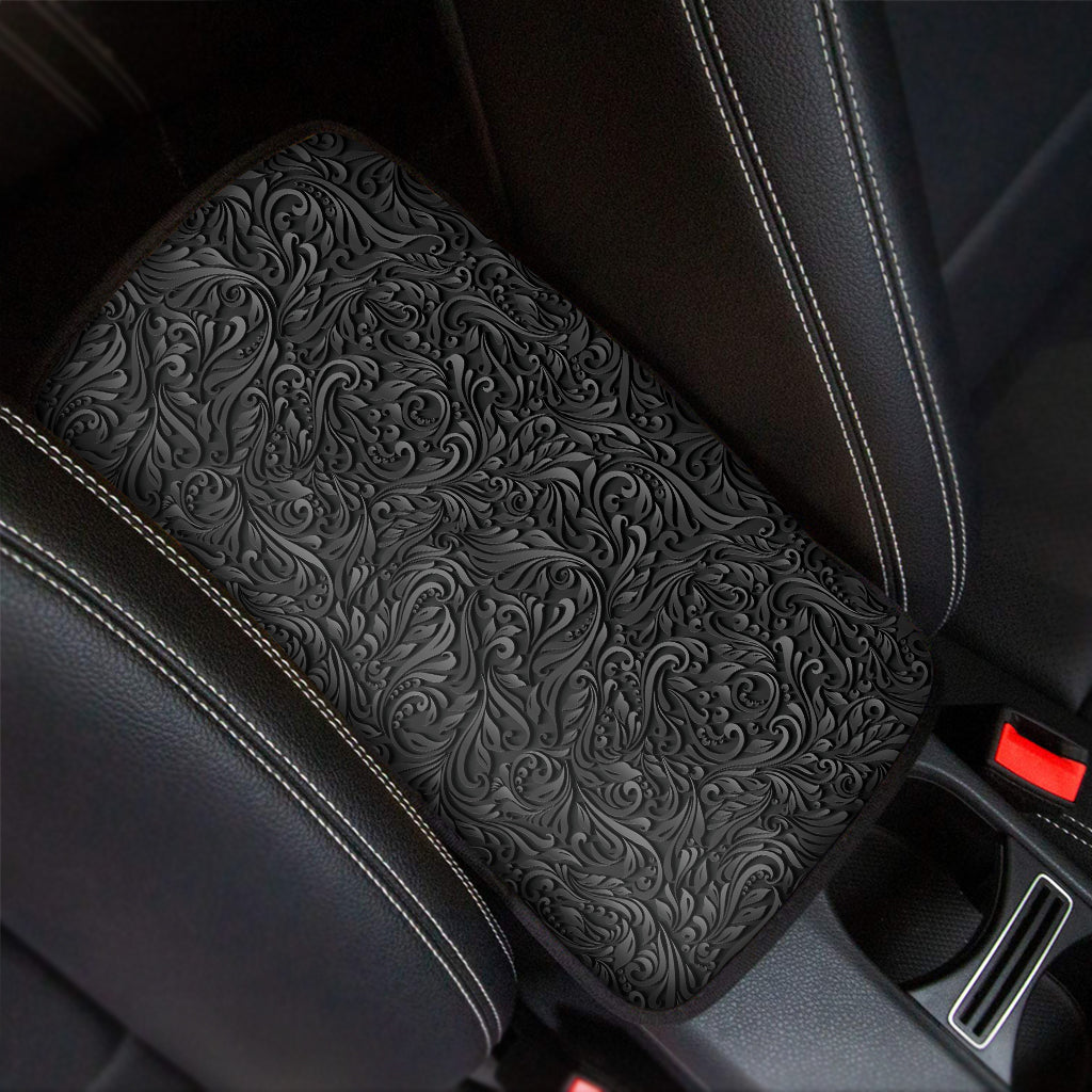 Black Western Damask Floral Print Car Center Console Cover