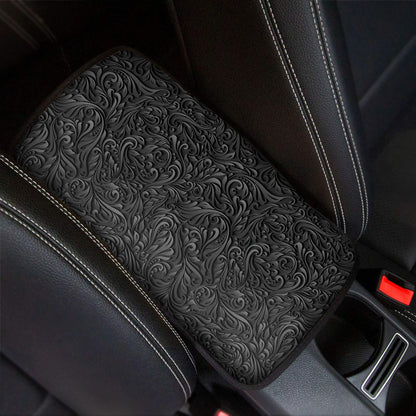 Black Western Damask Floral Print Car Center Console Cover